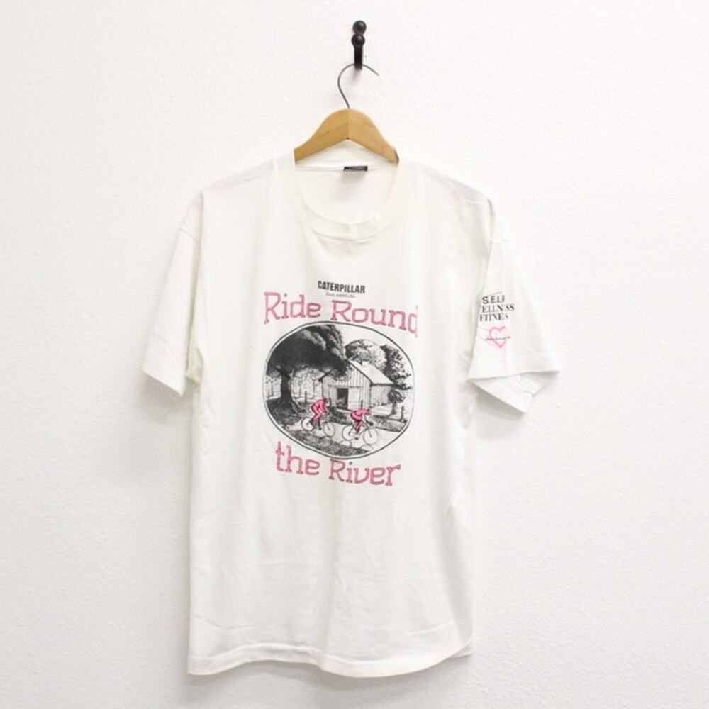 Vintage 80s Ride Round the River Bicycling White T Shirt Mens XL Cycling